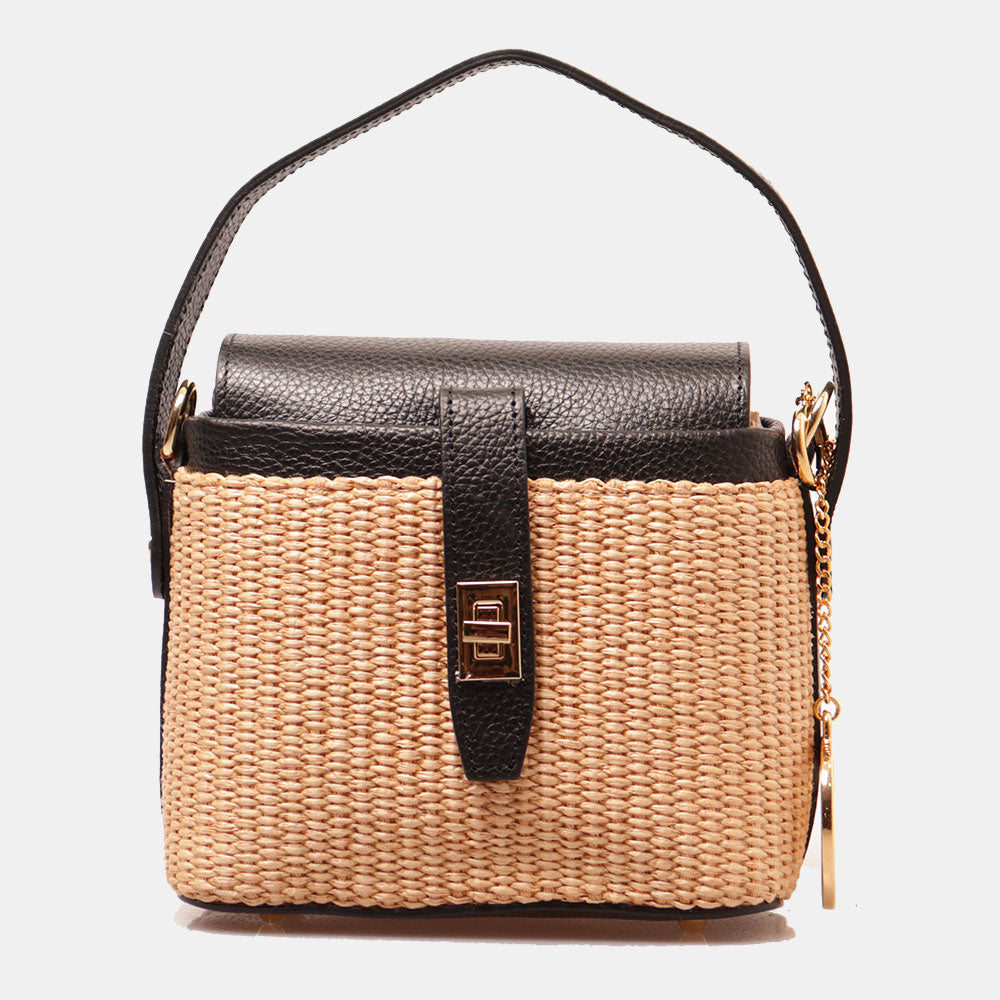 Borsa Donna a Mano VIAVERDI in Pelle Nera e Rafia Made in Italy