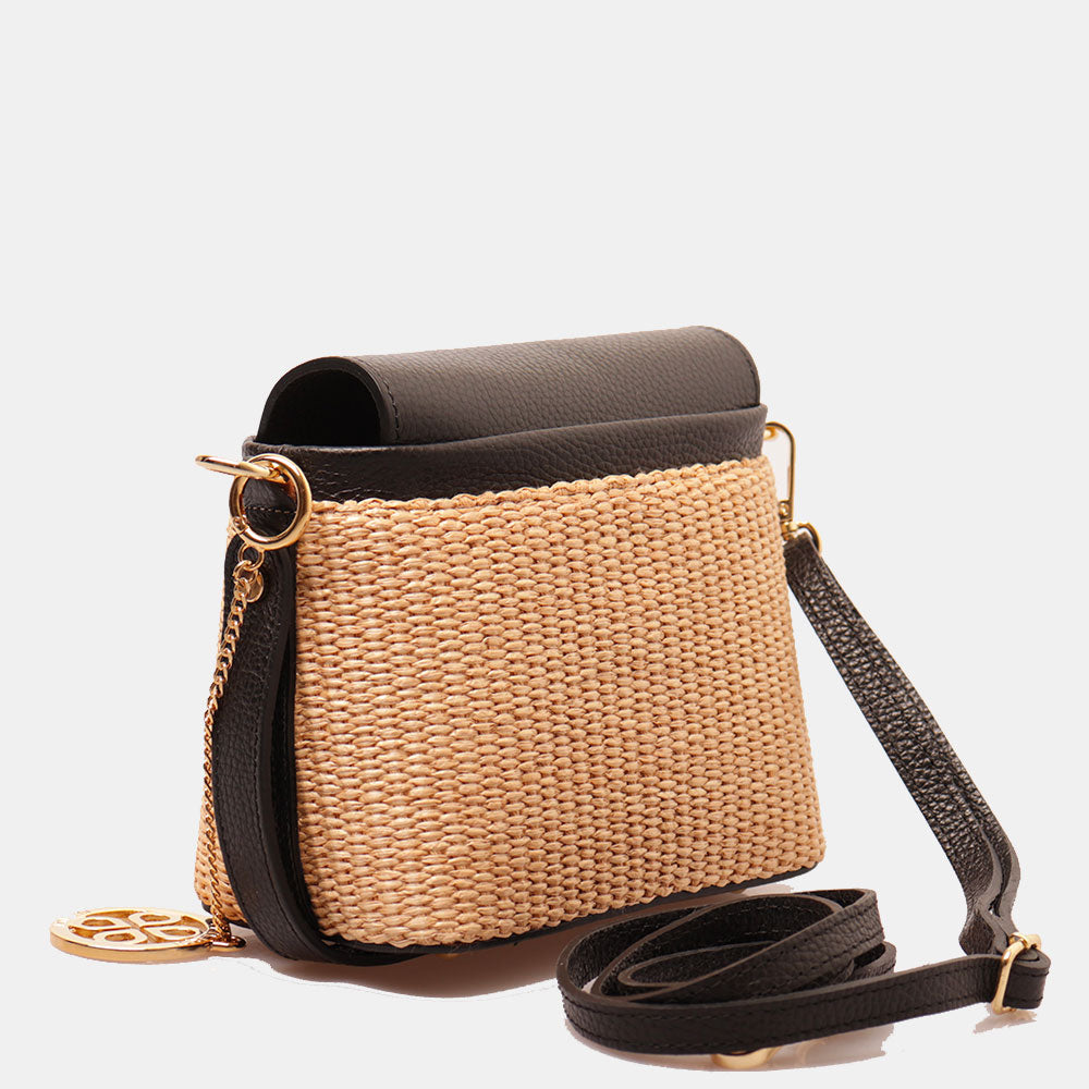 Borsa Donna a Mano VIAVERDI in Pelle Nera e Rafia Made in Italy