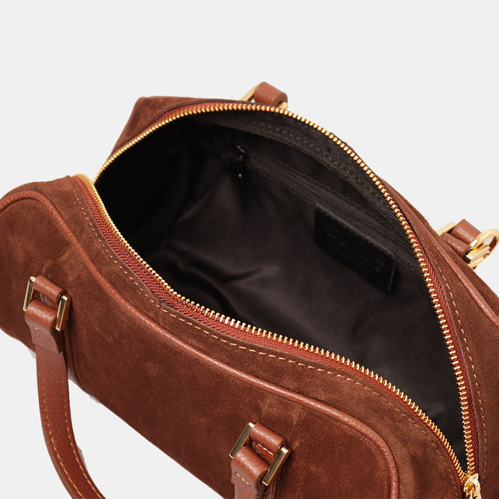 Borsa Bauletto a Mano con Tracolla VIAVERDI in Camoscio Marrone Made in Italy linea Barga