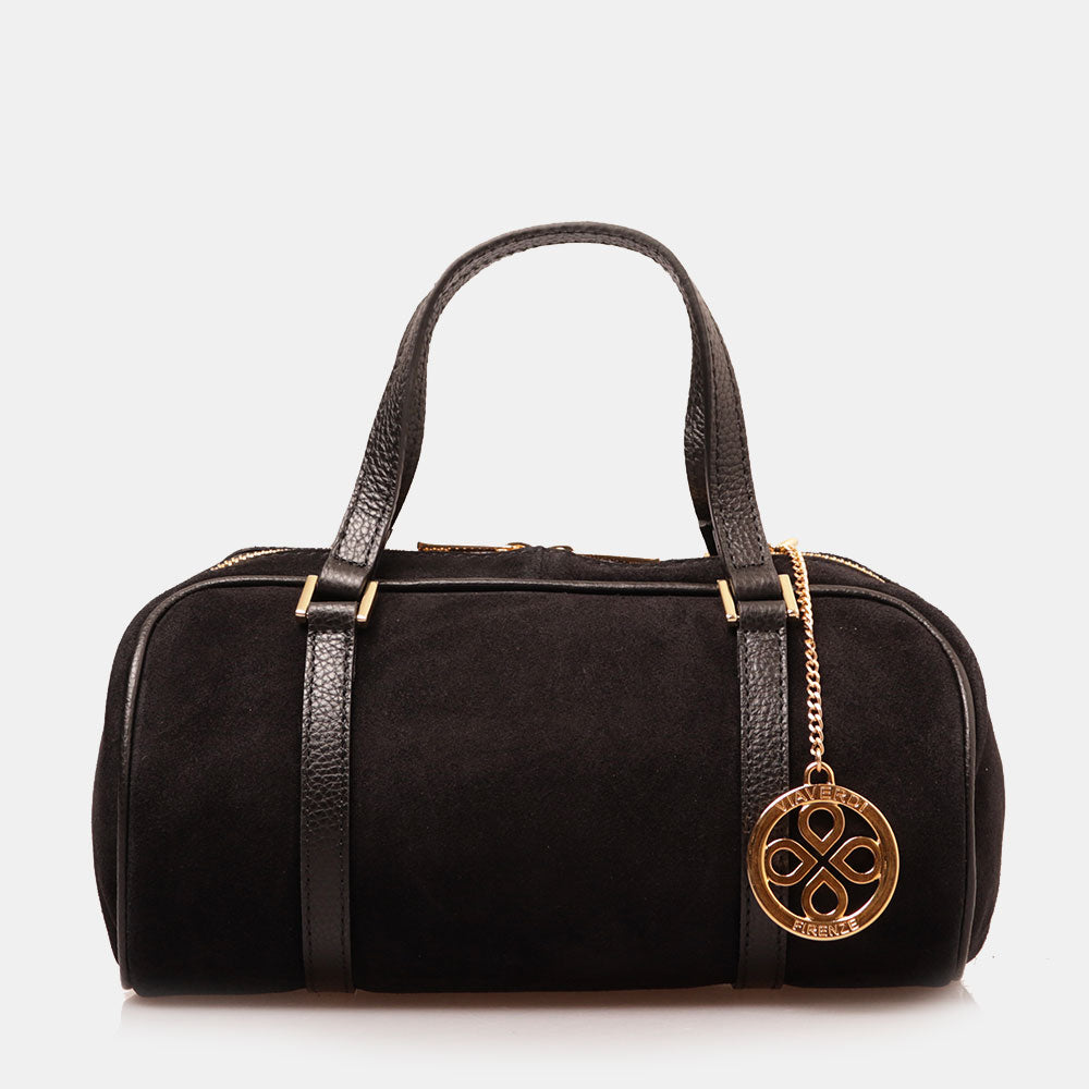 Borsa Bauletto a Mano con Tracolla VIAVERDI in Camoscio Nero Made in Italy linea Barga