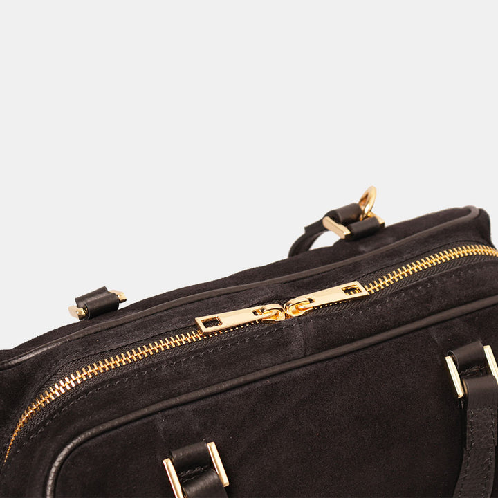 Borsa Bauletto a Mano con Tracolla VIAVERDI in Camoscio Nero Made in Italy linea Barga