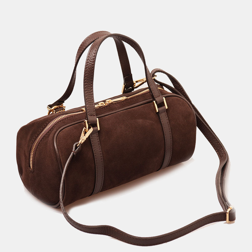 Borsa Bauletto a Mano con Tracolla VIAVERDI in Camoscio Testa di Moro Made in Italy linea Barga