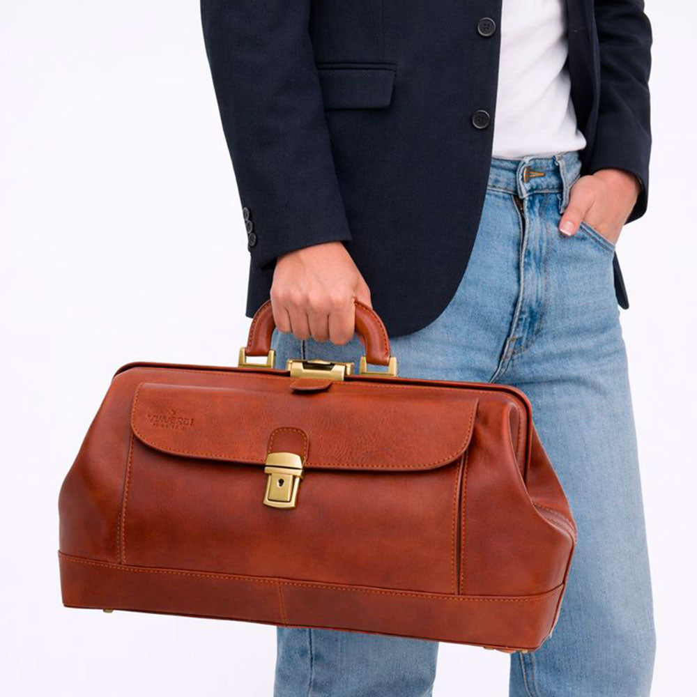 Borsa Medico Classica in Pelle color Cuoio VIAVERDI Made in Italy linea Firenze