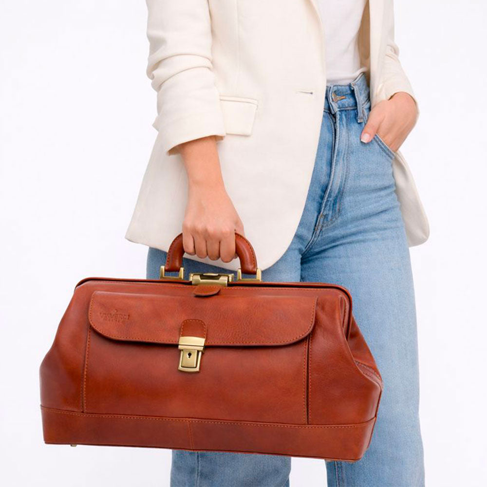 Borsa Medico Classica in Pelle color Cuoio VIAVERDI Made in Italy linea Firenze