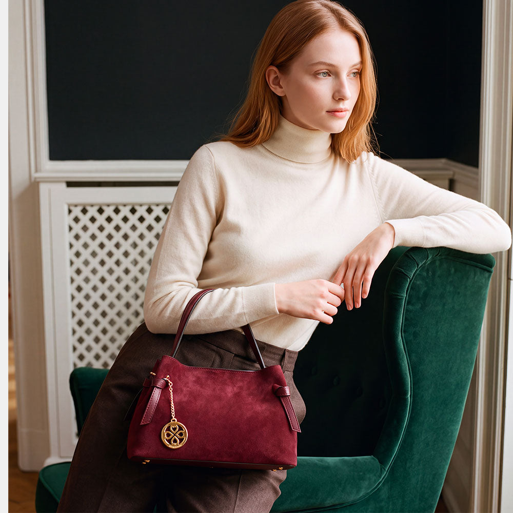 VIAVERDI Handbag in Suede Bordeaux, Made in Italy, Castiglione line.