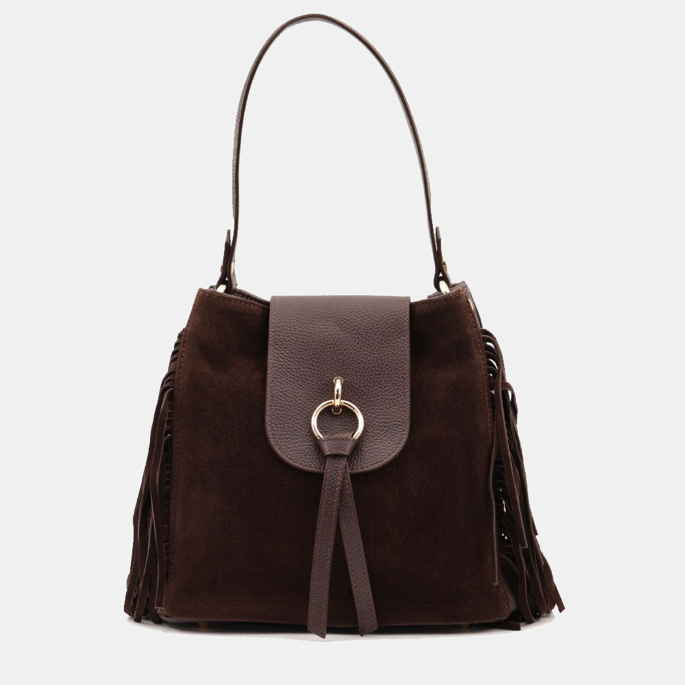 Borsa a Spalla VIAVERDI in Camoscio e Pelle Testa di Moro con Frange Made in Italy linea Certaldo