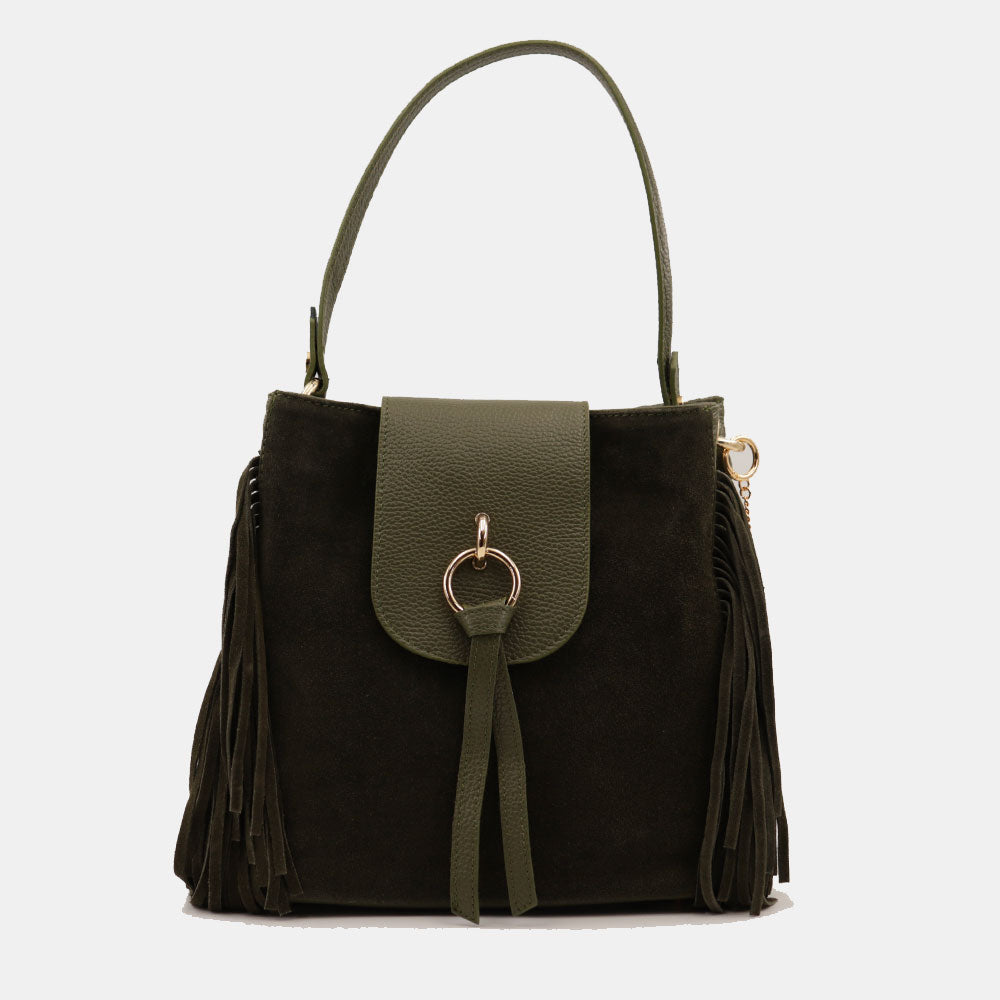 Borsa a Spalla VIAVERDI in Camoscio e Pelle Verde con Frange Made in Italy linea Certaldo