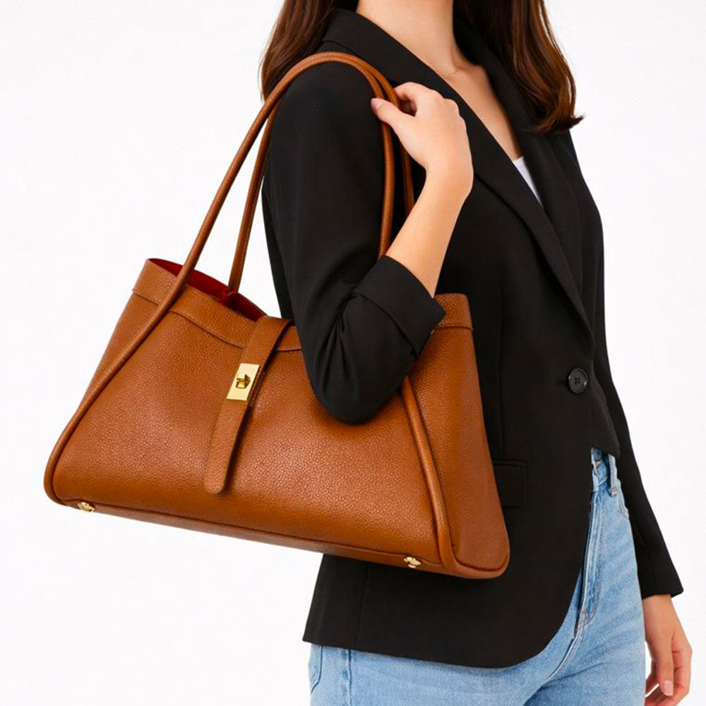 Borsa Donna a Spalla VIAVERDI in Pelle color Cuoio Made in Italy linea Cortona