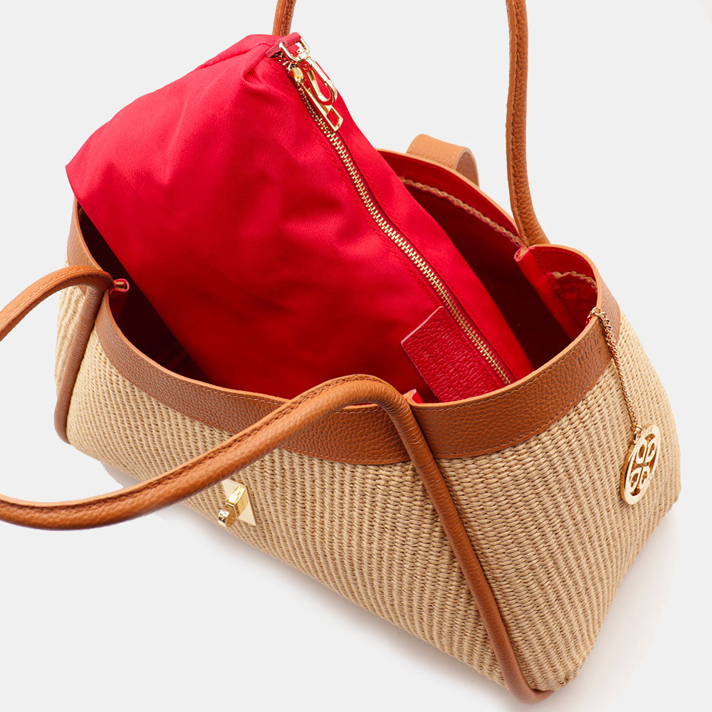 Borsa Donna a Spalla VIAVERDI in Rafia e Pelle Marrone Made in Italy linea Cortona