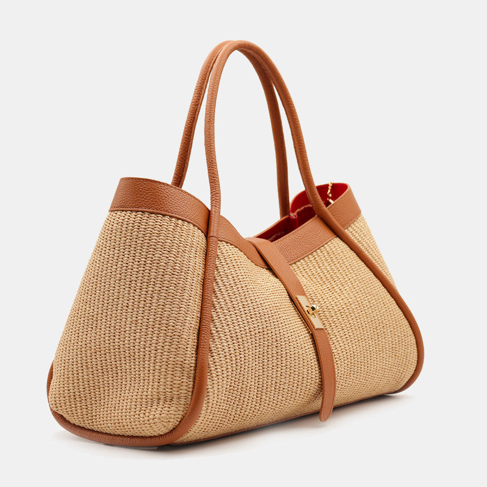 Borsa Donna a Spalla VIAVERDI in Rafia e Pelle Marrone Made in Italy linea Cortona