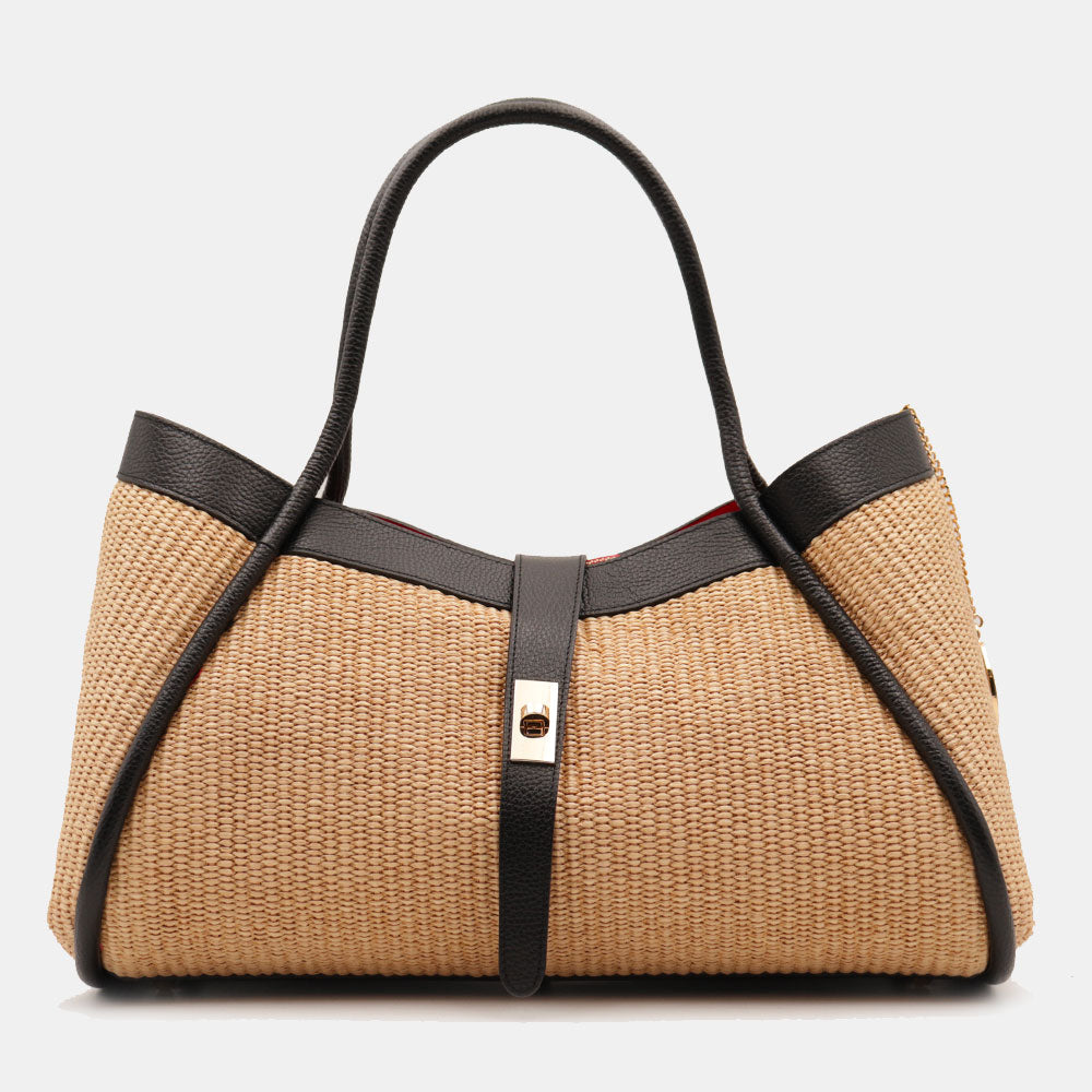 Borsa Donna a Spalla VIAVERDI in Rafia e Pelle Nera Made in Italy linea Cortona