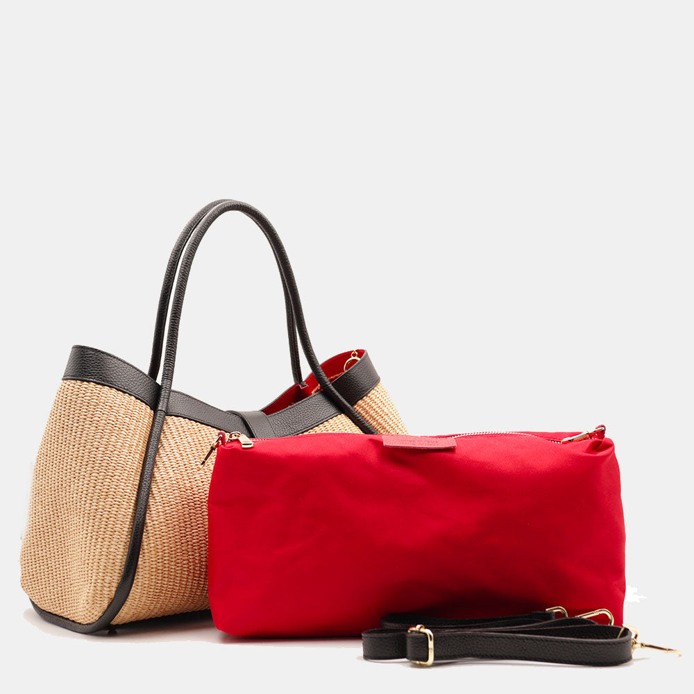 Borsa Donna a Spalla VIAVERDI in Rafia e Pelle Nera Made in Italy linea Cortona