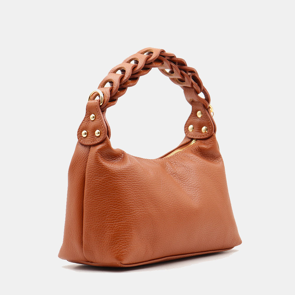 Borsa Donna a Mano con Tracolla VIAVERDI in Pelle color Cuoio Made in Italy linea Castiglione