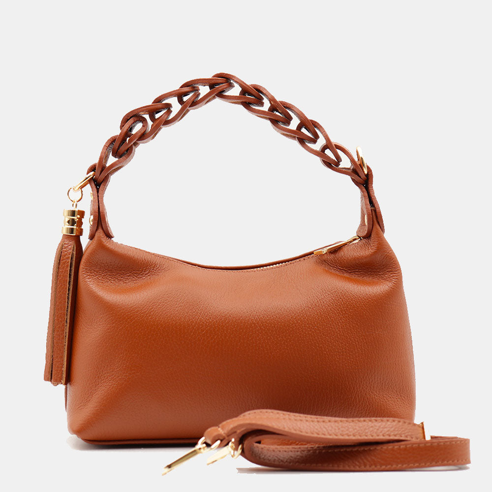 Borsa Donna a Mano con Tracolla VIAVERDI in Pelle color Cuoio Made in Italy linea Castiglione