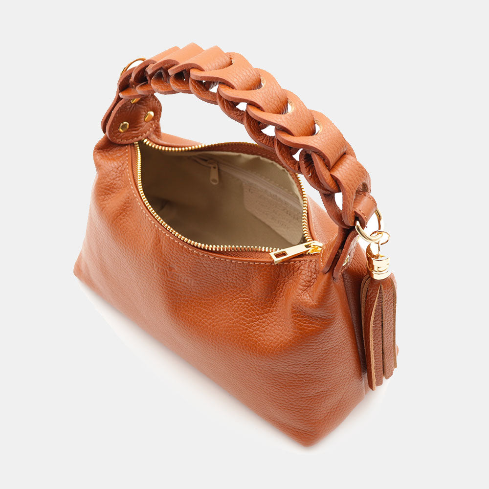 Borsa Donna a Mano con Tracolla VIAVERDI in Pelle color Cuoio Made in Italy linea Castiglione