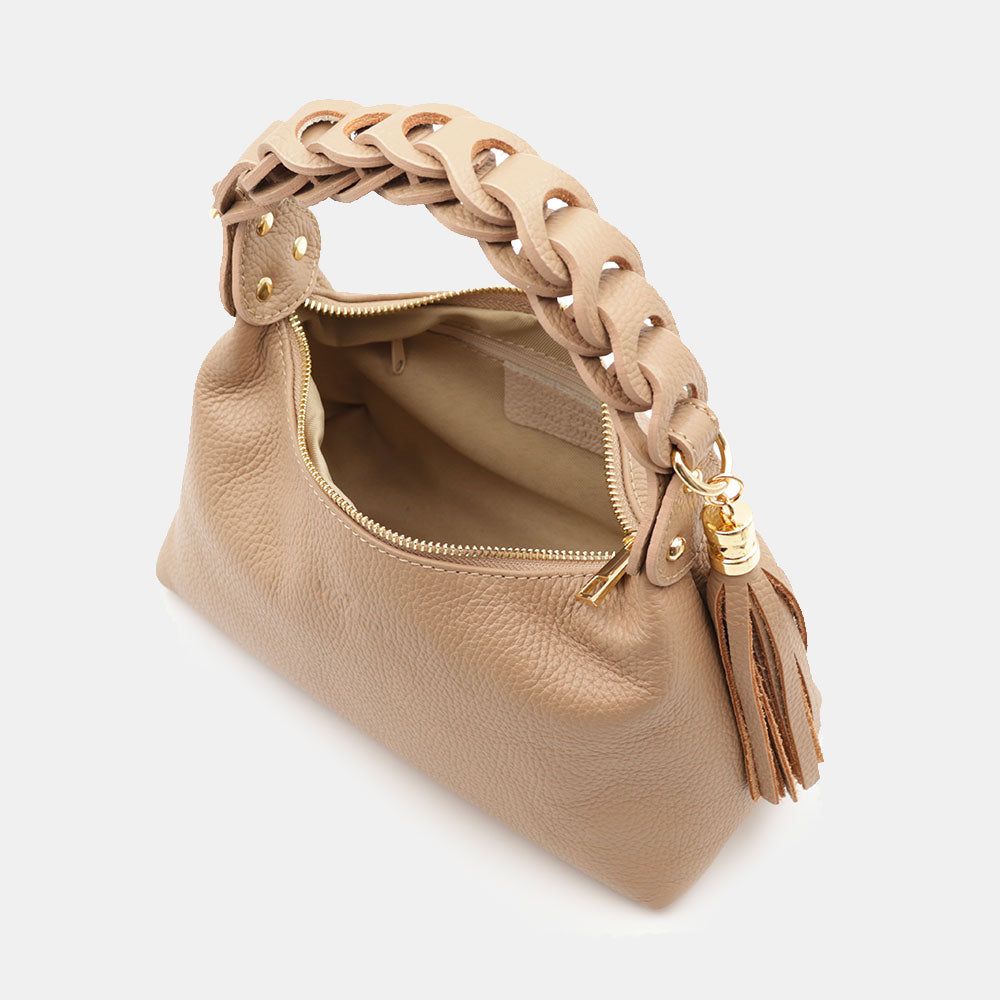 Borsa Donna a Mano con Tracolla VIAVERDI in Pelle Taupe Made in Italy linea Castiglione