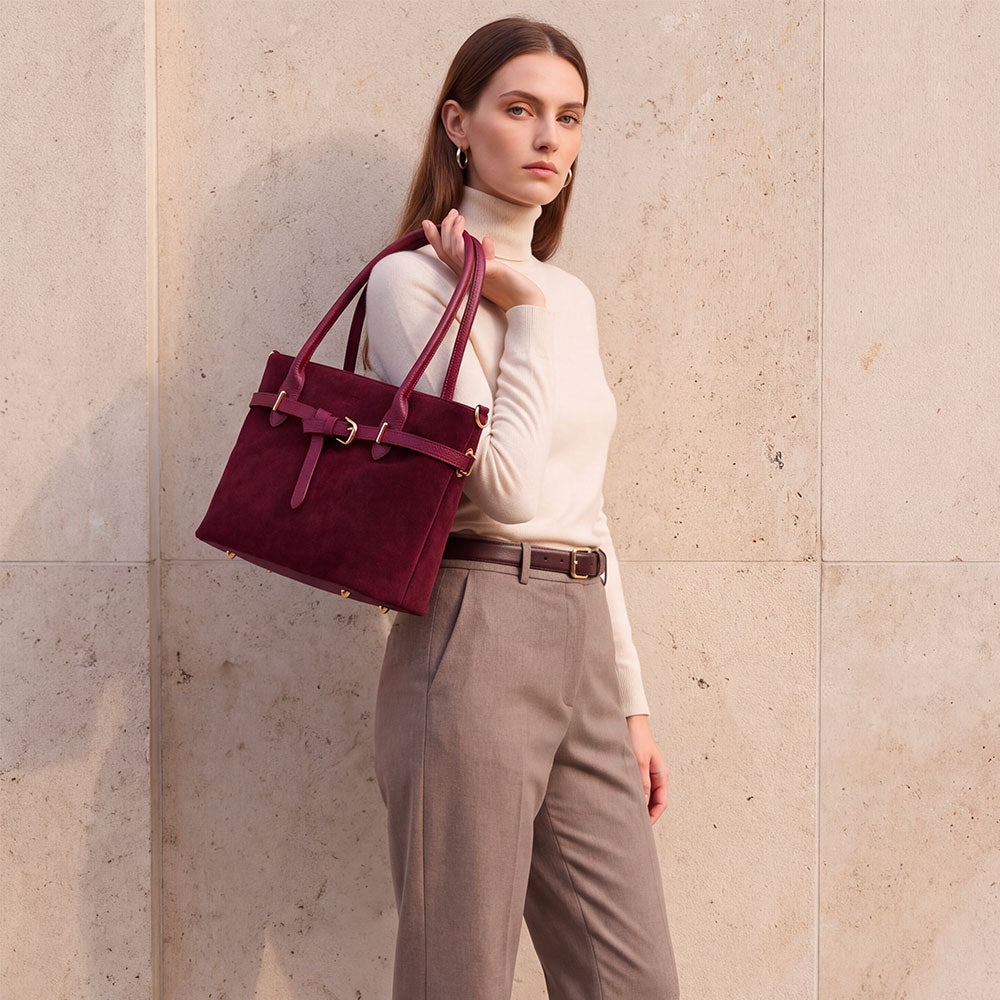 Bolso de hombro de ante burdeos ViaVerdi, Made in Italy – línea Castiglione