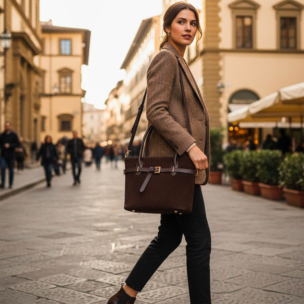 Borsa a Spalla VIAVERDI in Camoscio Marrone Testa di Moro Made in Italy linea Castiglione