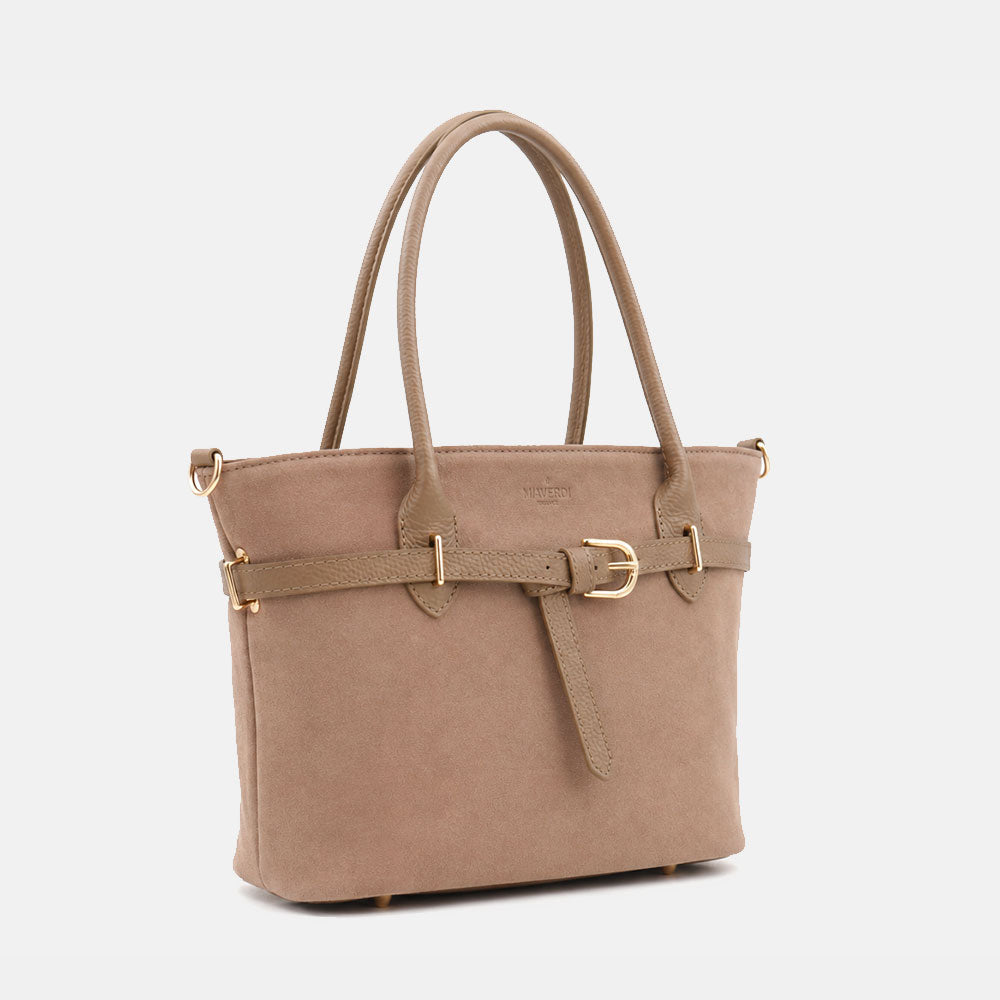 Borsa a Spalla VIAVERDI in Camoscio Taupe Made in Italy linea Castiglione