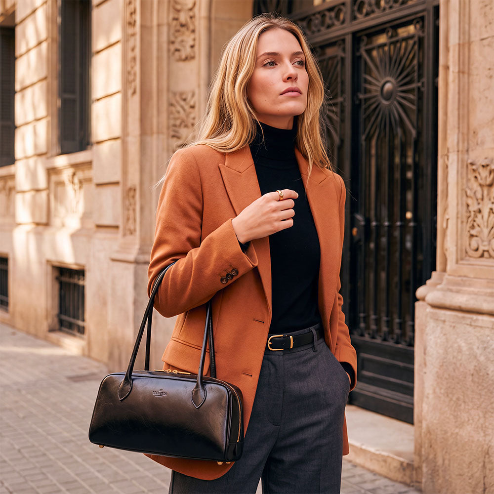 Bolso bowling de hombro de mujer de piel negra ViaVerdi, Made in Italy – línea Firenze
