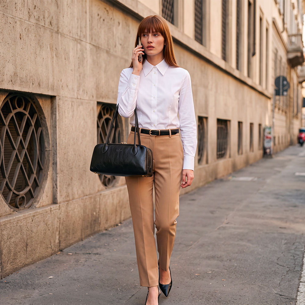Bolso bowling de hombro de mujer de piel negra ViaVerdi, Made in Italy – línea Firenze