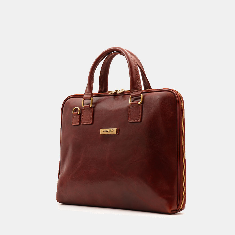 Borsa Sottile Porta Pc 15.6 e Documenti VIAVERDI in Pelle Marrone Made in Italy Linea Firenze