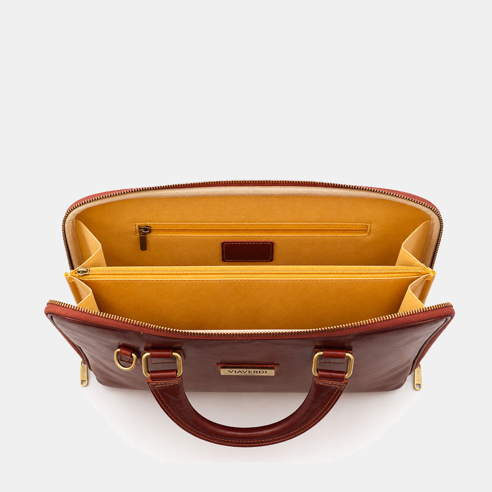 Borsa Sottile Porta Pc 15.6 e Documenti VIAVERDI in Pelle Marrone Made in Italy Linea Firenze