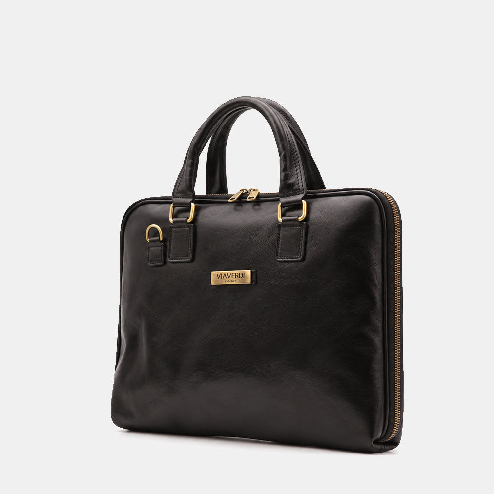 Borsa Sottile Porta Pc 15.6 e Documenti VIAVERDI in Pelle Nera Made in Italy Linea Firenze