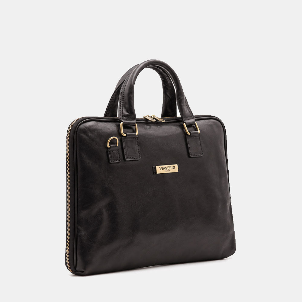 Borsa Sottile Porta Pc 15.6 e Documenti VIAVERDI in Pelle Nera Made in Italy Linea Firenze