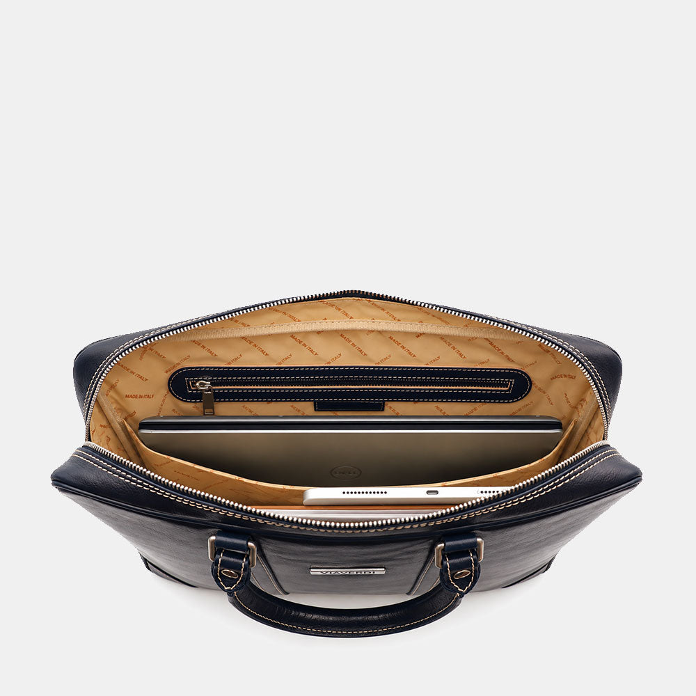 Borsa da Ufficio in Pelle Blu VIAVERDI Made in Italy Linea Firenze - Porta Pc 15.6