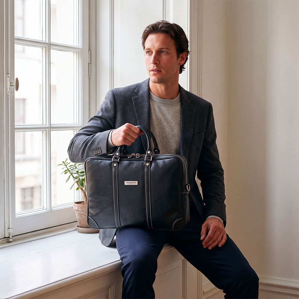 Borsa da Ufficio in Pelle Blu VIAVERDI Made in Italy Linea Firenze - Porta Pc 15.6