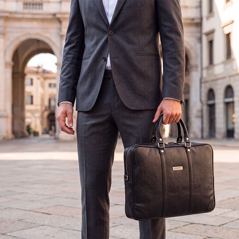 Borsa da Ufficio in Pelle Nera VIAVERDI Made in Italy Linea Firenze - Porta Pc 15.6