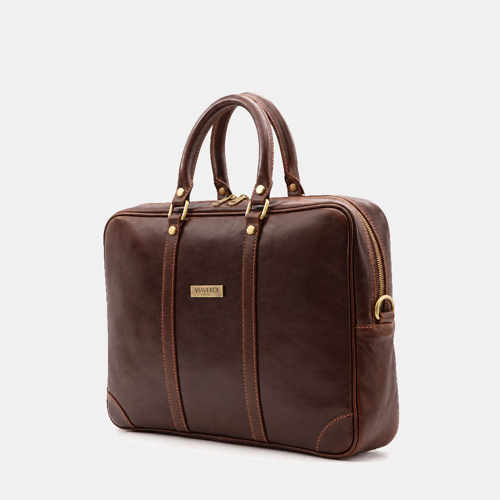 Borsa da Ufficio in Pelle Marrone Testa di Moro VIAVERDI Made in Italy Linea Firenze - Porta Pc 15.6