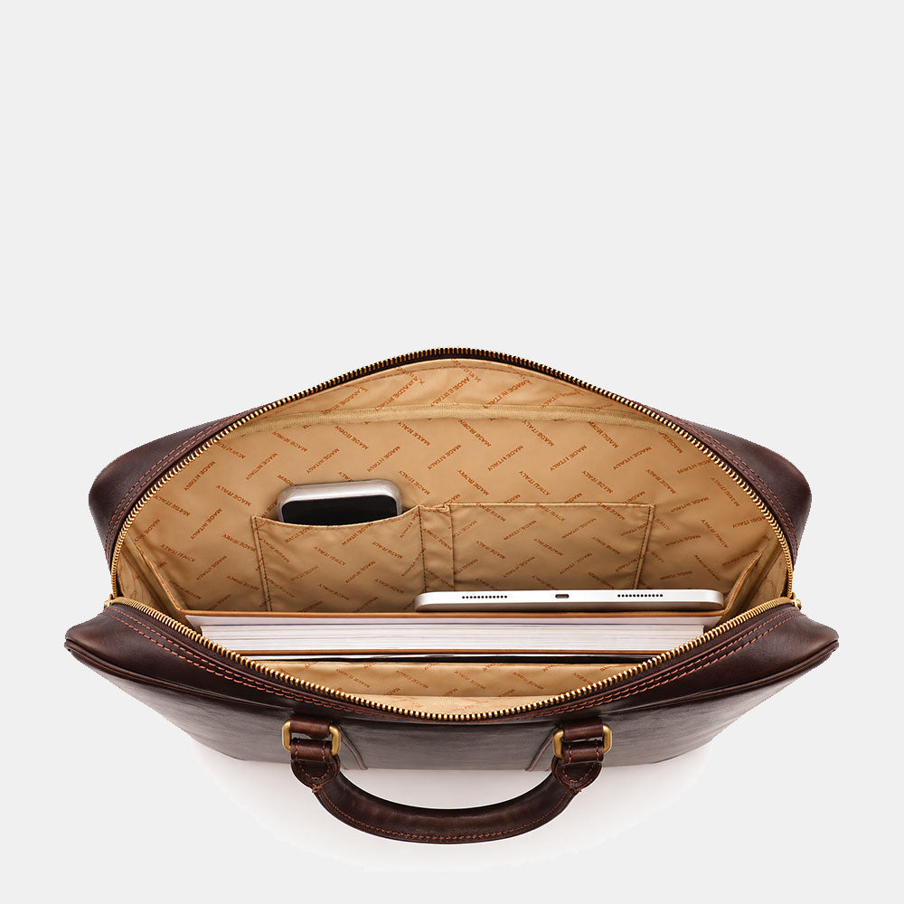 Borsa da Ufficio in Pelle Marrone Testa di Moro VIAVERDI Made in Italy Linea Firenze - Porta Pc 15.6