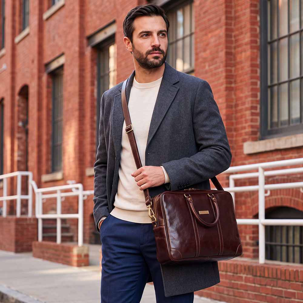 Borsa da Ufficio in Pelle Marrone Testa di Moro VIAVERDI Made in Italy Linea Firenze - Porta Pc 15.6