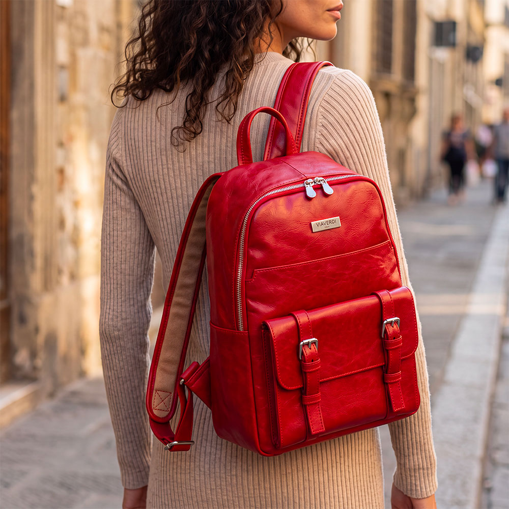 Zaino in Pelle Rossa VIAVERDI Made in Italy Linea Firenze - Porta Pc 15.6
