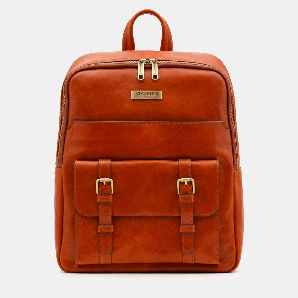 Zaino in Pelle color Cuoio VIAVERDI Made in Italy Linea Firenze - Porta Pc 15.6