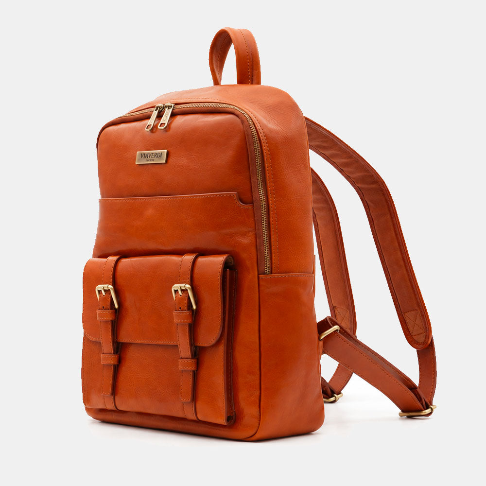 Zaino in Pelle color Cuoio VIAVERDI Made in Italy Linea Firenze - Porta Pc 15.6