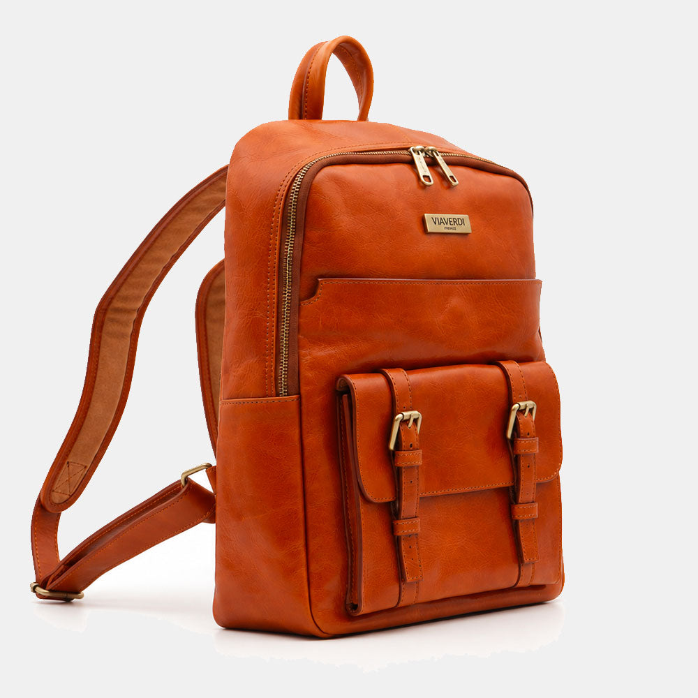 Zaino in Pelle color Cuoio VIAVERDI Made in Italy Linea Firenze - Porta Pc 15.6