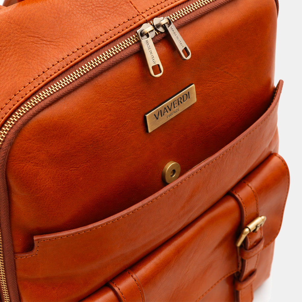 Zaino in Pelle color Cuoio VIAVERDI Made in Italy Linea Firenze - Porta Pc 15.6