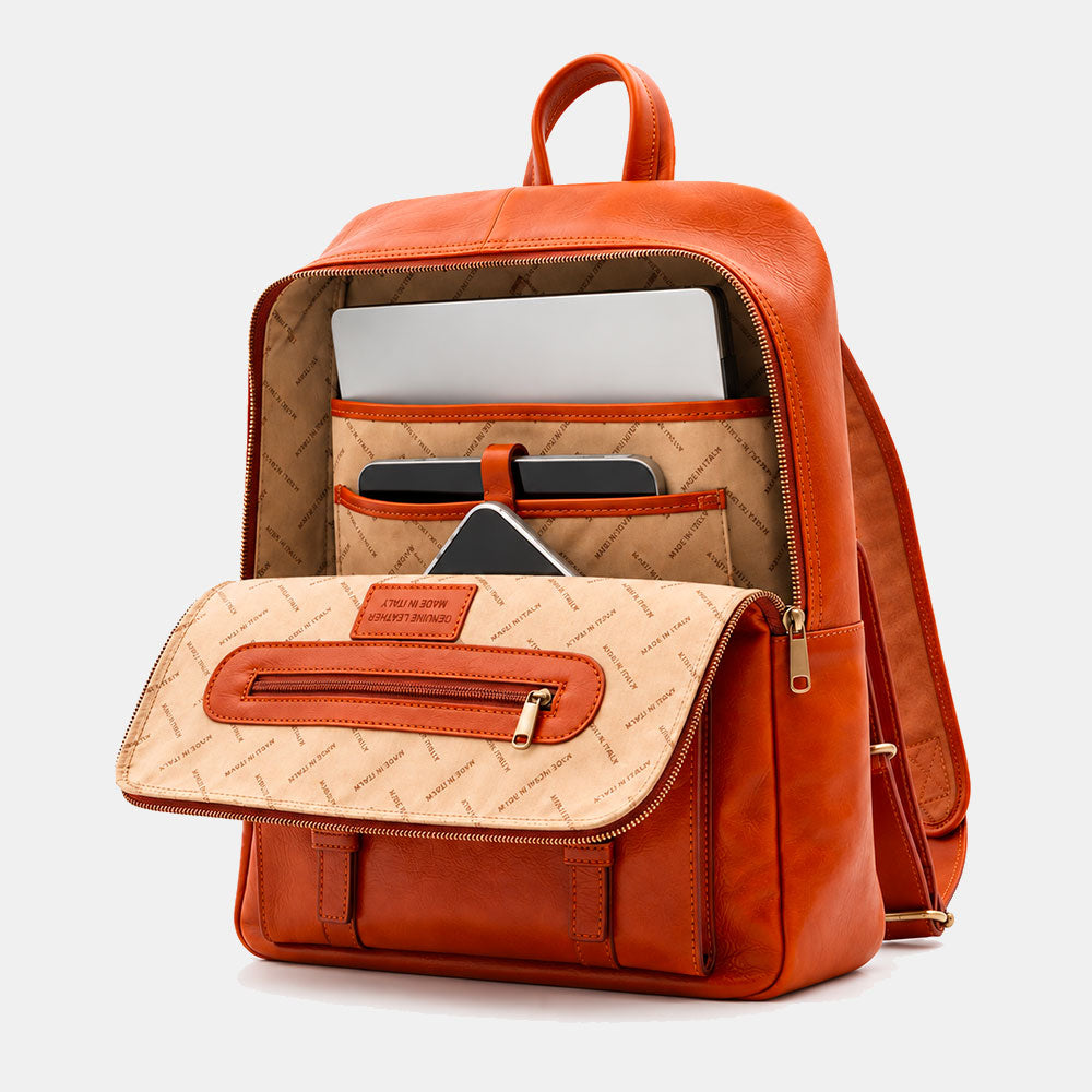 Zaino in Pelle color Cuoio VIAVERDI Made in Italy Linea Firenze - Porta Pc 15.6