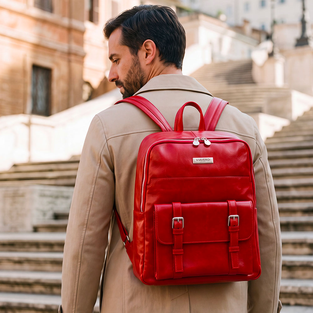 Zaino in Pelle Rossa VIAVERDI Made in Italy Linea Firenze - Porta Pc 15.6