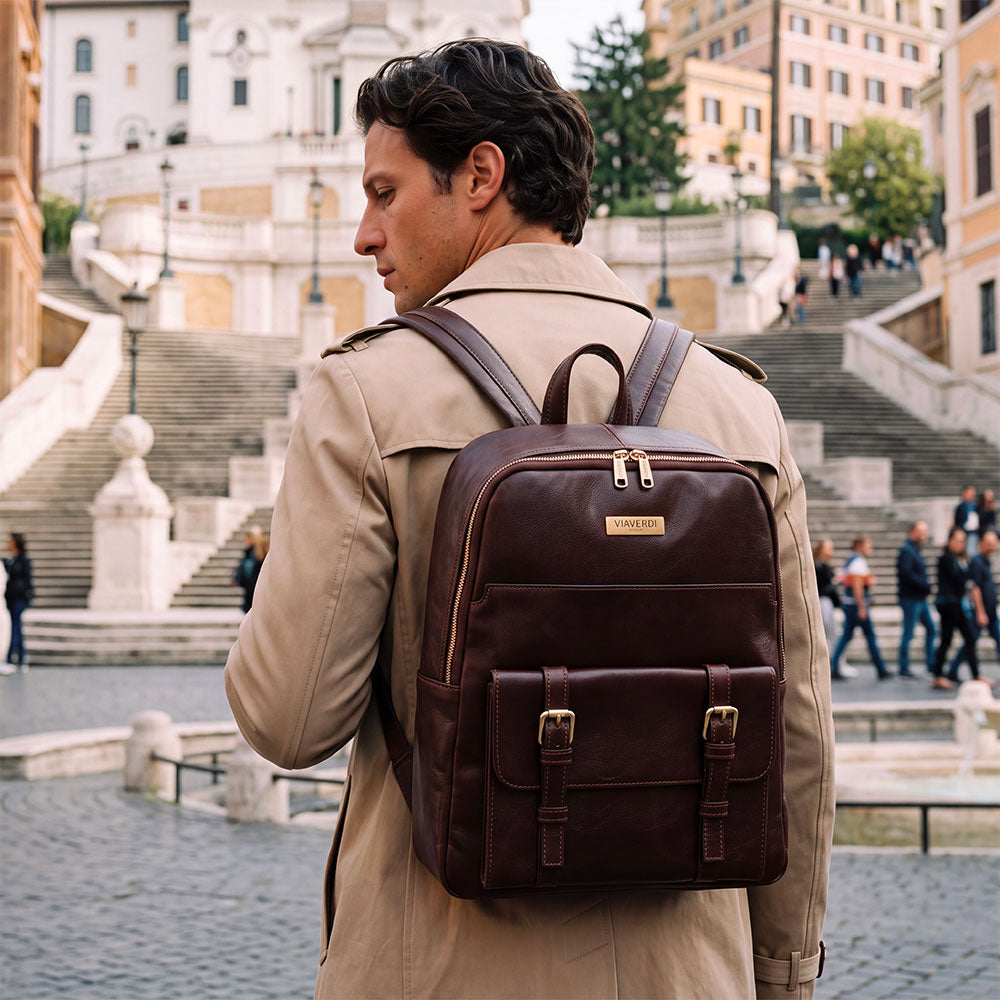 Zaino in Pelle Marrone Testa di Moro VIAVERDI Made in Italy Linea Firenze - Porta Pc 15.6