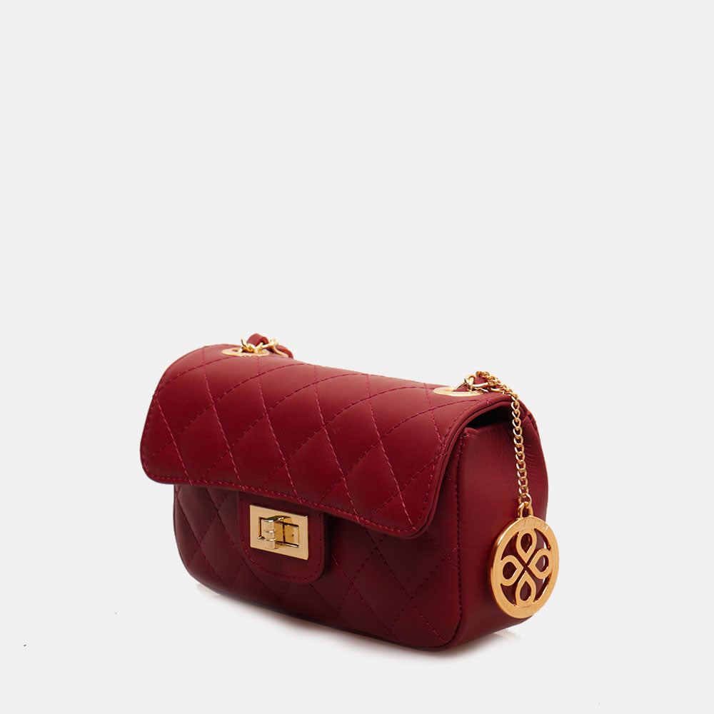 Borsa Piccola a Spalla VIAVERDI in Pelle Bordeaux Matelassè Made in Italy linea Saturnia