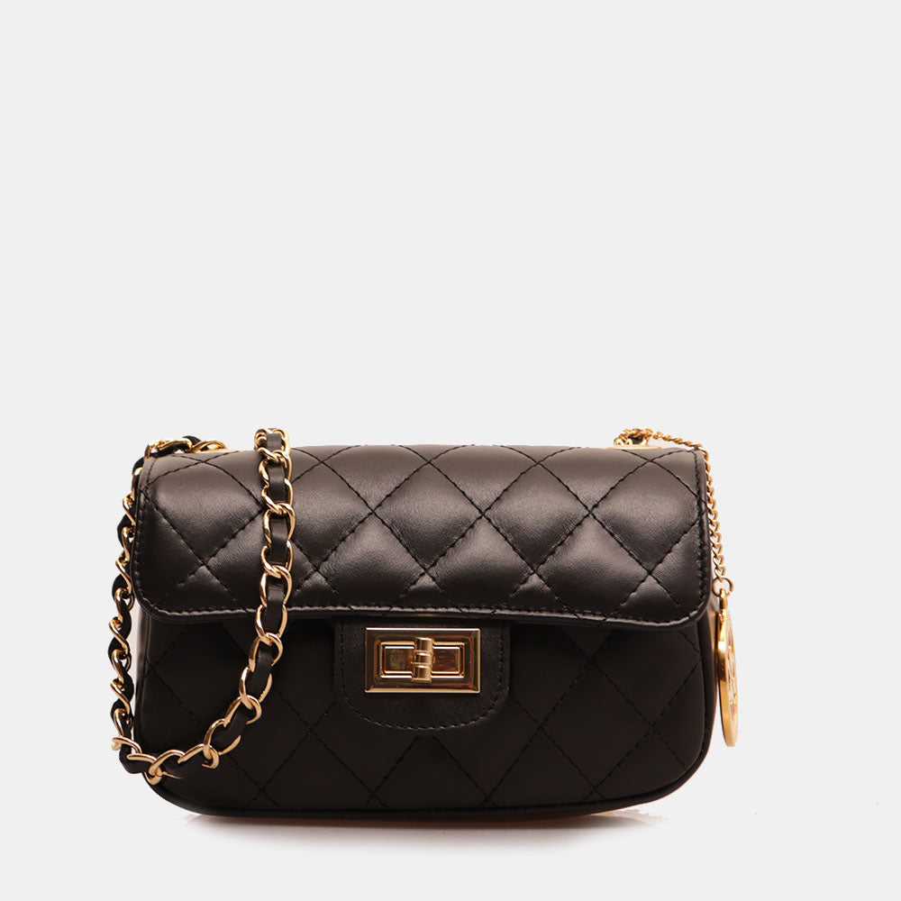 Borsa Piccola a Spalla VIAVERDI in Pelle Nera Matelassè Made in Italy linea Saturnia