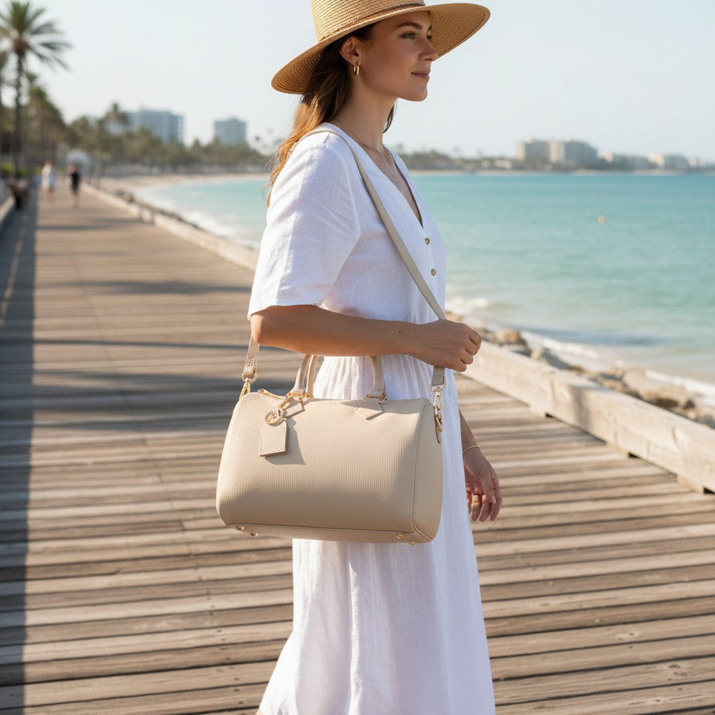 Beigefarbene Henkeltasche aus Leder VIAVERDI Made in Italy Linie San Gimignano