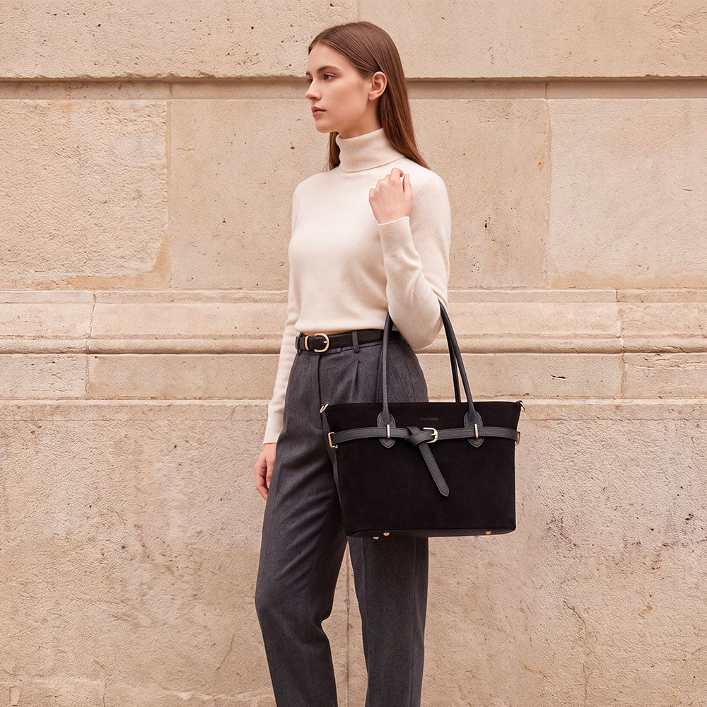 Bolso de hombro de ante negro ViaVerdi, Made in Italy – línea Castiglione