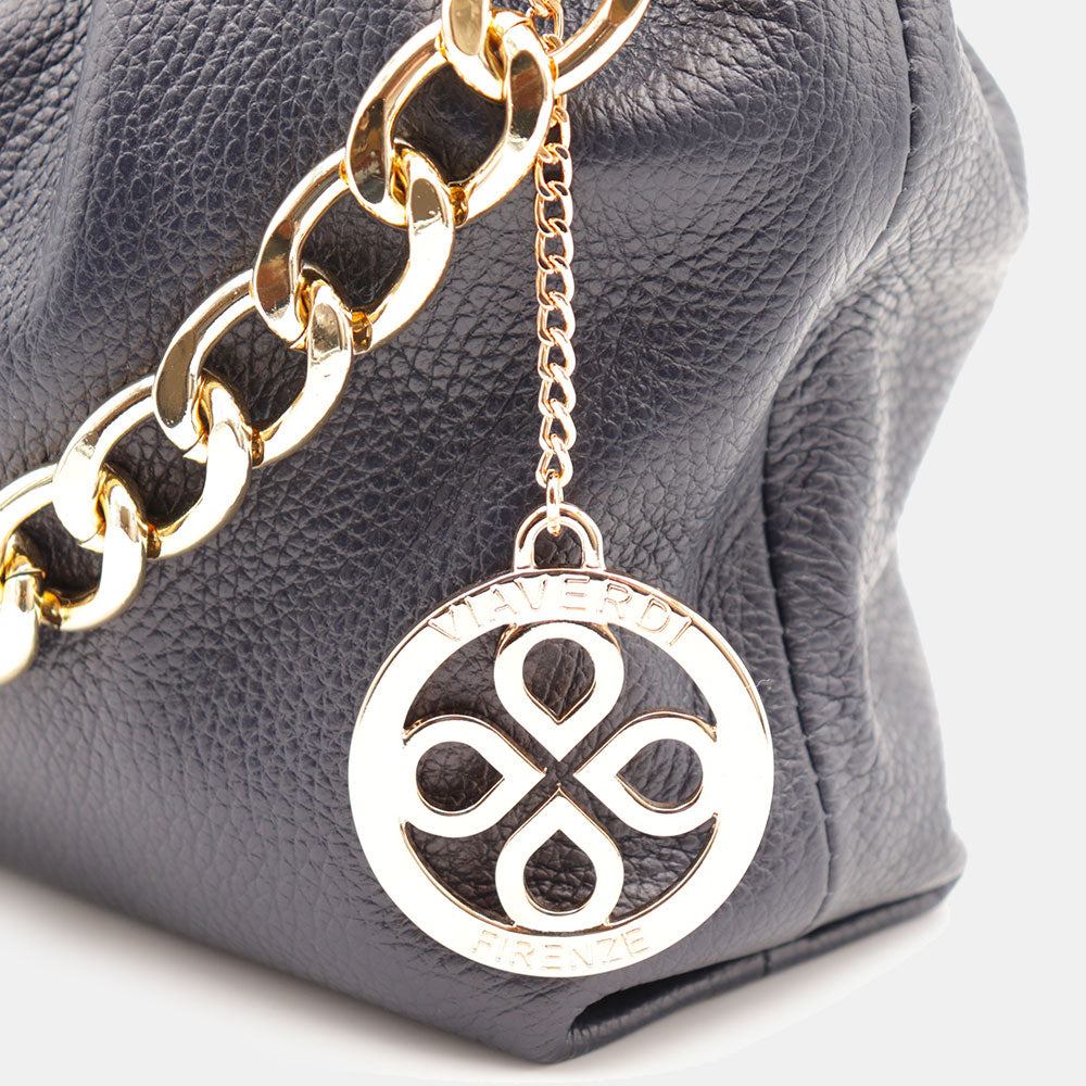 Borsa Hobo a Spalla con Catena VIAVERDI in Pelle Blu Made in Italy linea Monteriggioni