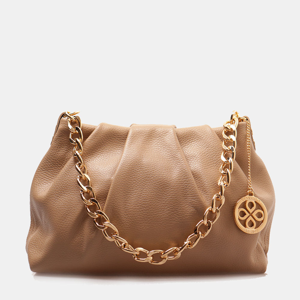 Borsa Hobo a Spalla con Catena VIAVERDI in Pelle Taupe Made in Italy linea Monteriggioni