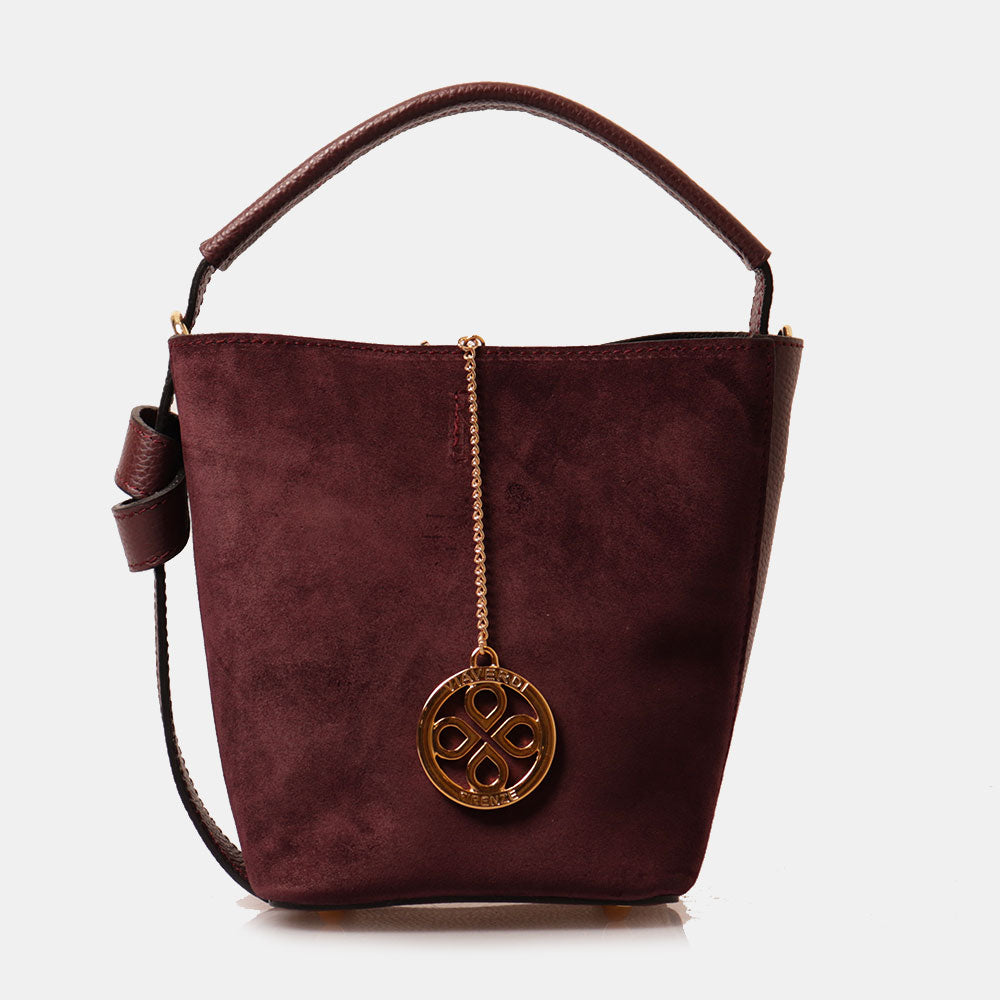 Borsa Secchiello con Pochette VIAVERDI in Camoscio e Pelle Bordeaux Made in Italy linea Pienza
